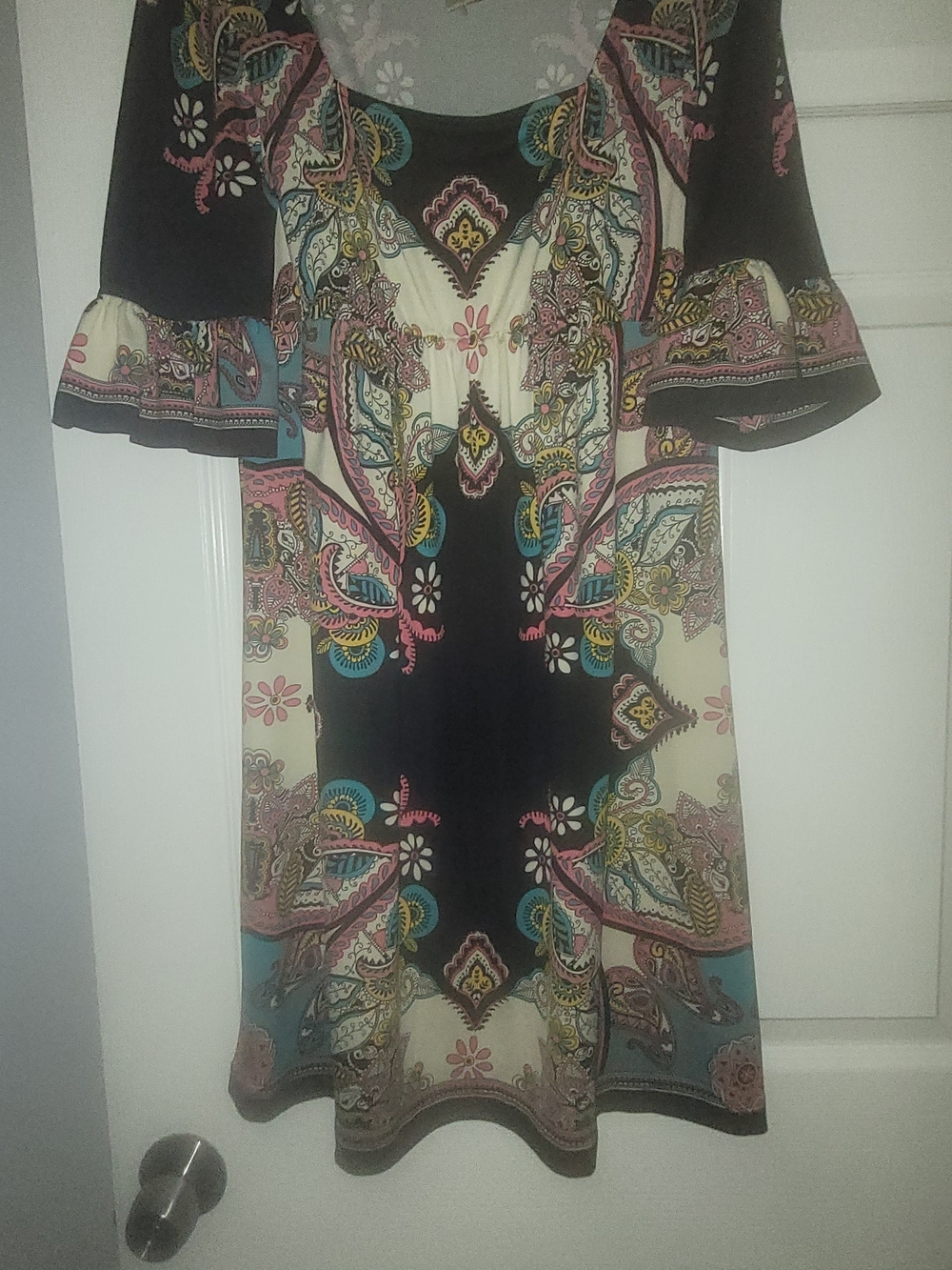 ECI Floral Paisley Scoop Neck Dress in Black, Turquoise, Yellow & Pink